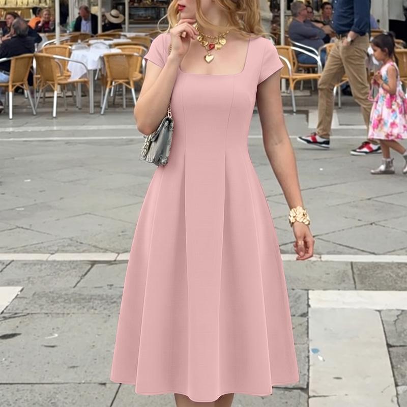 ZANZEA Women Elegant Square Collar Casual Short Sleeve Dress