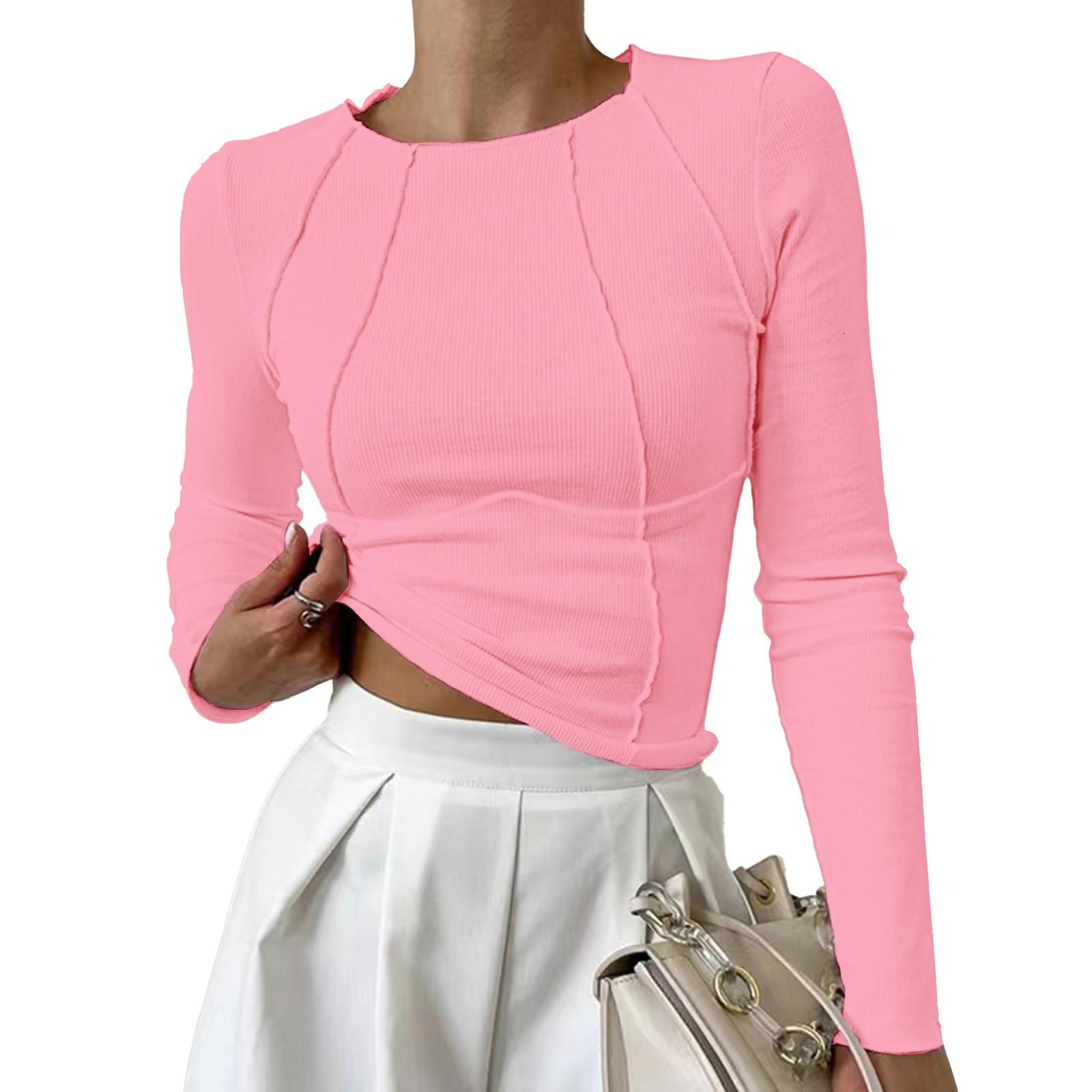 

Женская однотонная футболка с круглым вырезом и длинными рукавами с разрезом на груди для летней одежды XL розовый