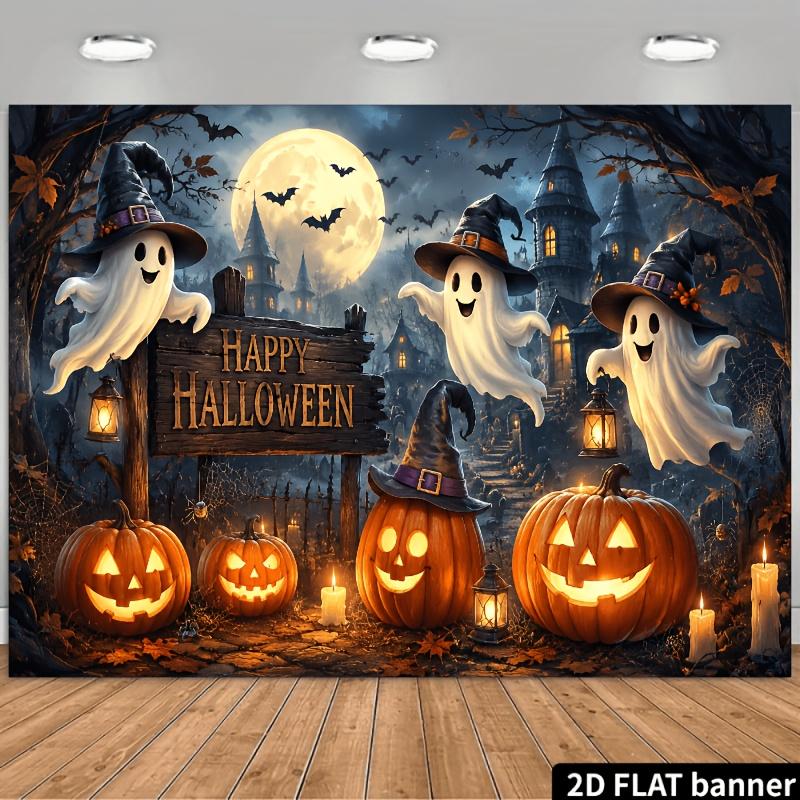 2D flat Halloween-themed background fabric, featuring ghosts wearing witch hats and glowing pumpkin lanternszyc