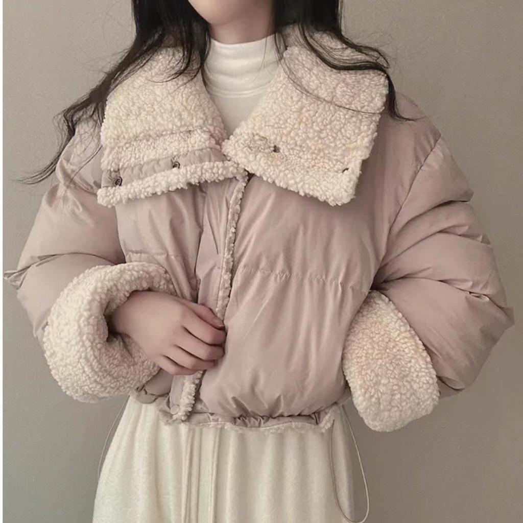 Women Short Medium Length Down Jacket Winter Warm Stand Collar Solid Color Casual Outerwear Coat
