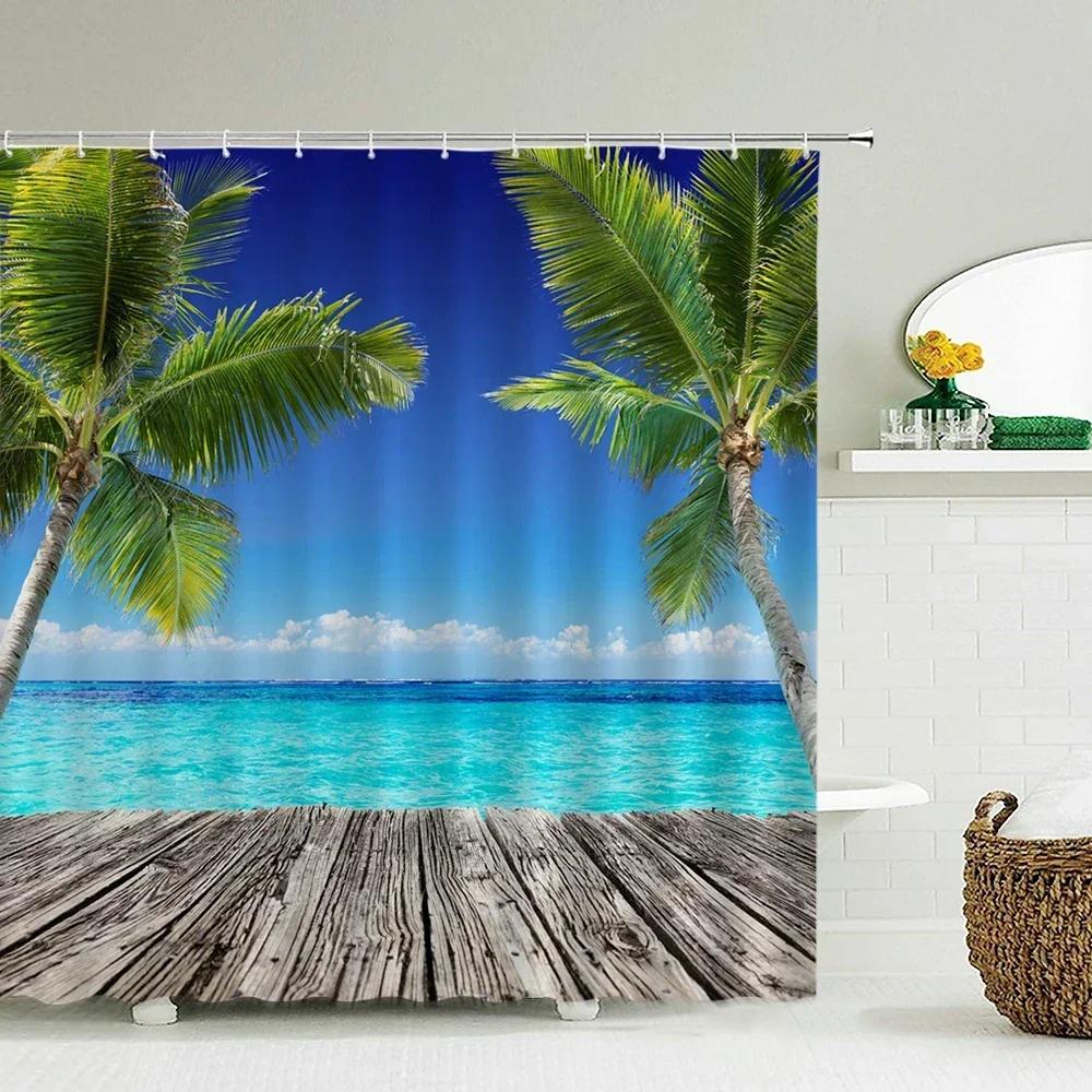 Seascape Beach Shower Curtains Bathroom Shower Curtain 3D Fabric Curtain Waterproof Curtain Easy To Install, Smooth and Silent