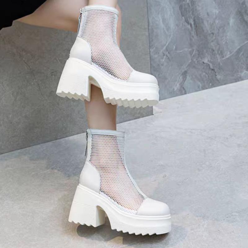 Fashion Fashion Block Heel Cold Boots Women's Autumn New Round Toe Spliced Mesh Rear Zipper Platform Non-Slip Shorthole Boots