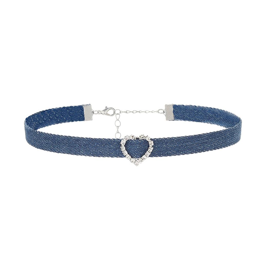 Fashionable Denims Fabric Choker Necklace for Women Adjustable Clavicle Chain Rhinestones Charm Necklace Accessory