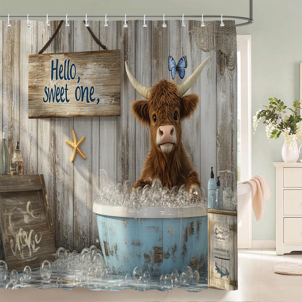 Highland Cow Farmhouse Shower Curtain Funny Farm Animal Flower Wooden Plank Bathroom Decor Vintage Polyester Fabric Bath Curtain