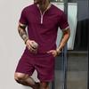 Men's Waffle Knit Half Zip Casual Tracksuit Short Sleeve Shirt and Shorts 2-Piece Set with Camouflage Trim