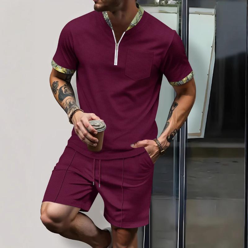 Men's Waffle Knit Half Zip Casual Tracksuit Short Sleeve Shirt and Shorts 2-Piece Set with Camouflage Trim