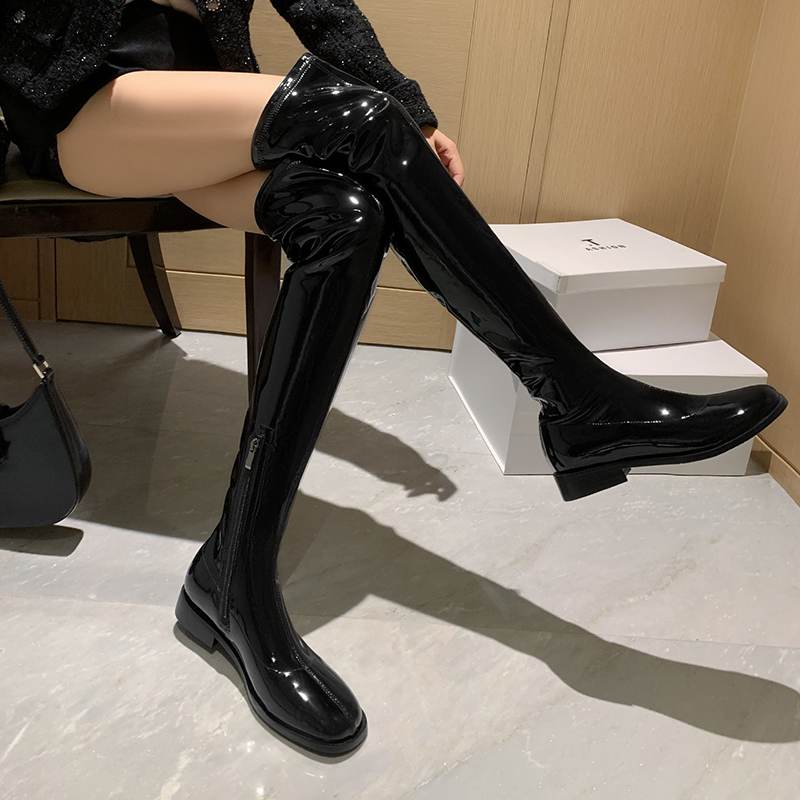 Krazing Pot Podzimní zimní boty z hovězí kůže Velikost 43 Silné nízké podpatky Stovepipe Strečové boty Dámské Teplé kozačky nad kolena