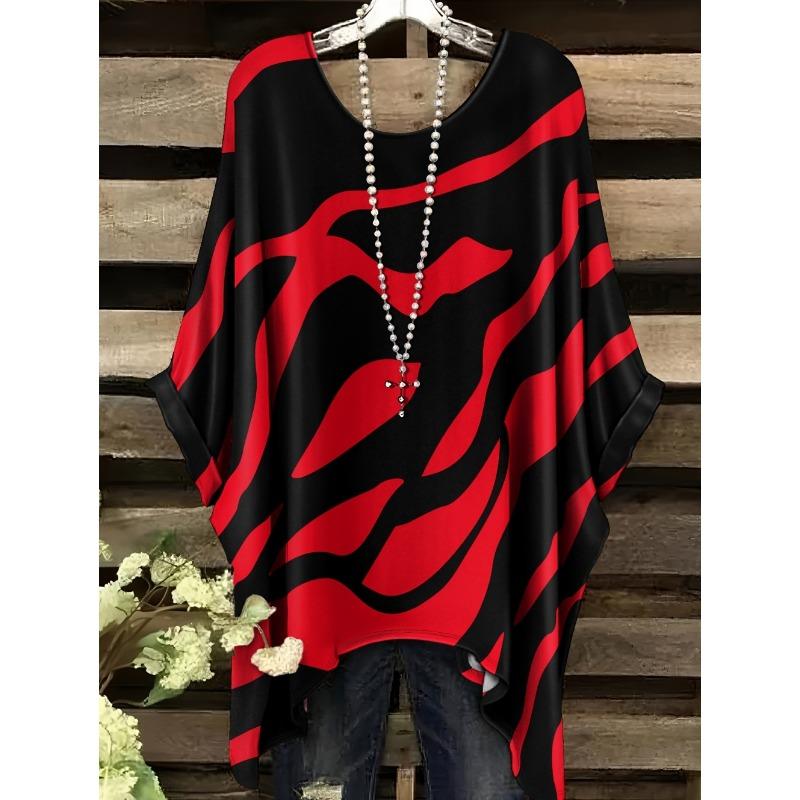 Women's Striped Checkered 3D Printed T-Shirt Summer Round Neck Casual Fashion Women's Loose Asymmetrical Hem Street Tops