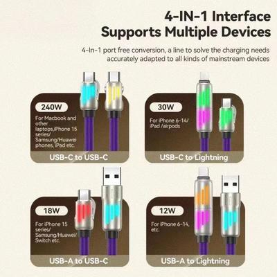 Light Column Multi-Functional 7-Color 4-in-1 Fast Charging Cable for Huawei & Apple 15 PD