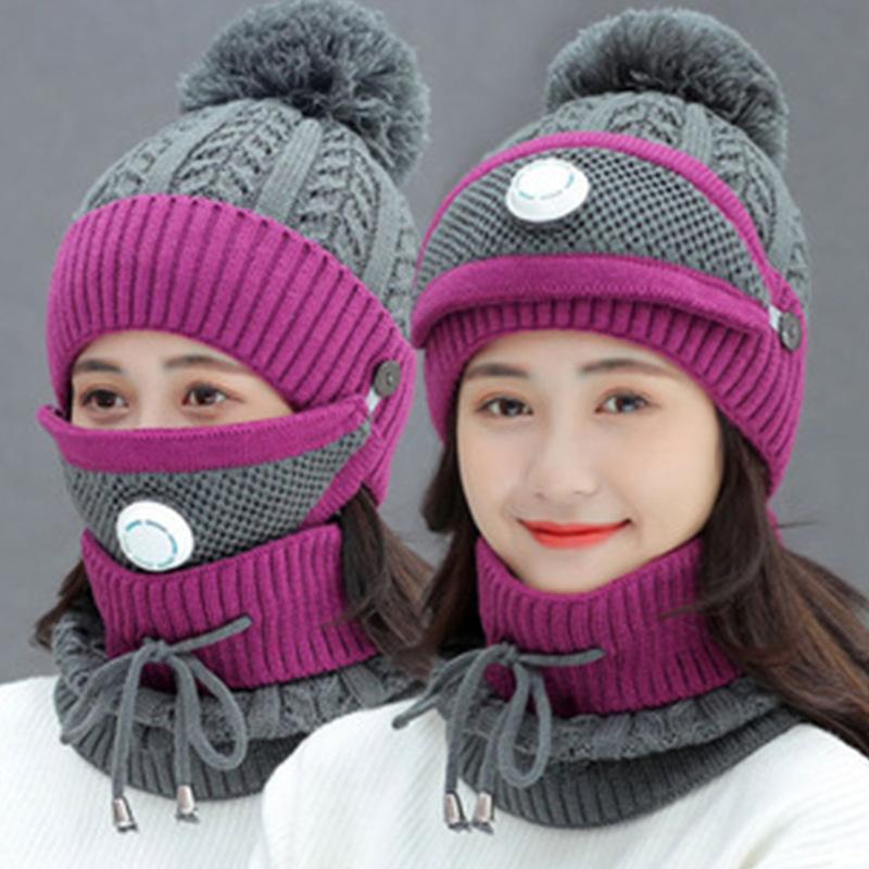 Winter Fashion Cycling Hat, Ear Protection, Wool Hat, Mask, Scarf, Korean Version of the Tide Knitted Warm Breathing Valve Three-piece Hat