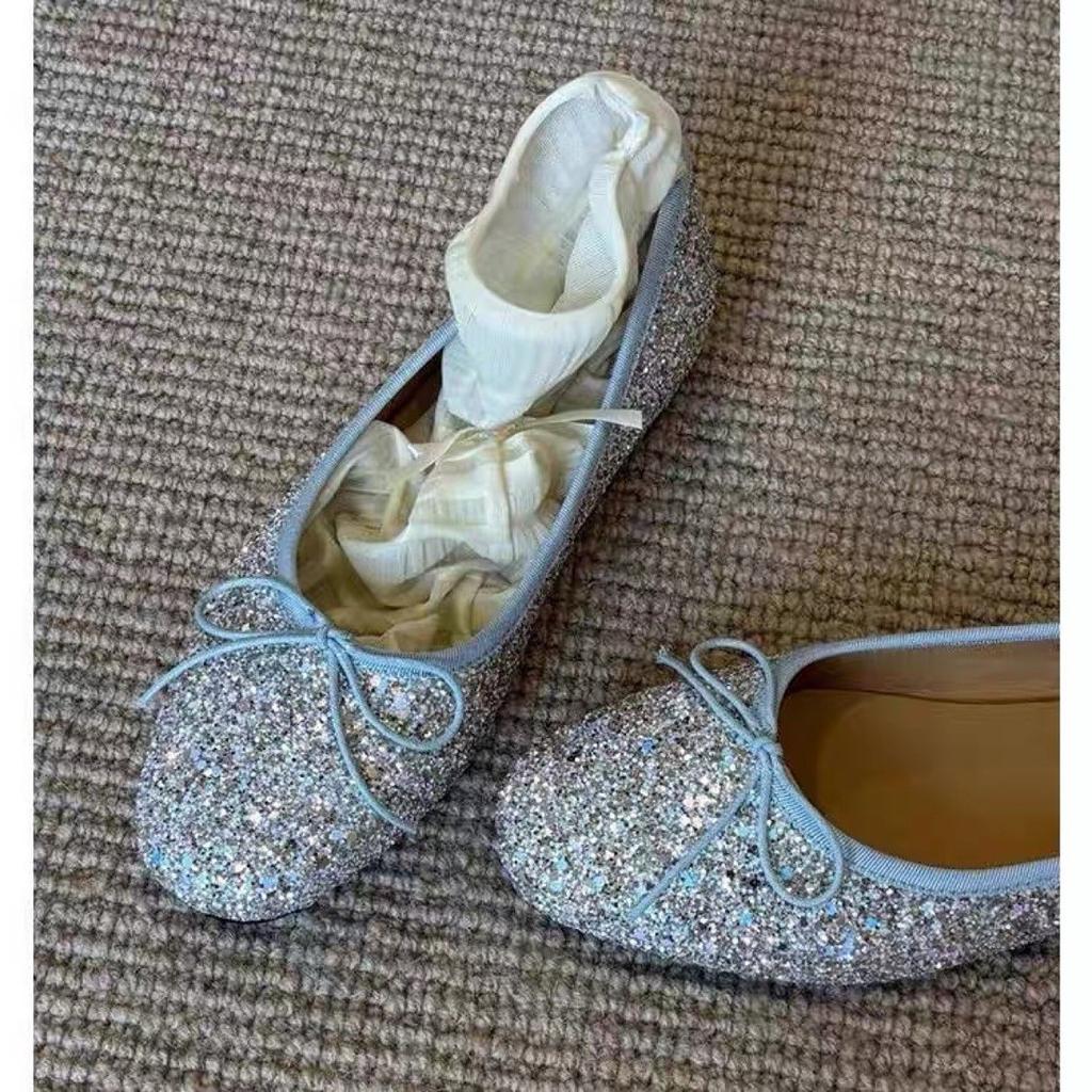 Sheepskin Version~ French Bow Silver Glitter Ballet Light Mouth Single Shoes Women's Versatile Round Head Mary Jane Flats