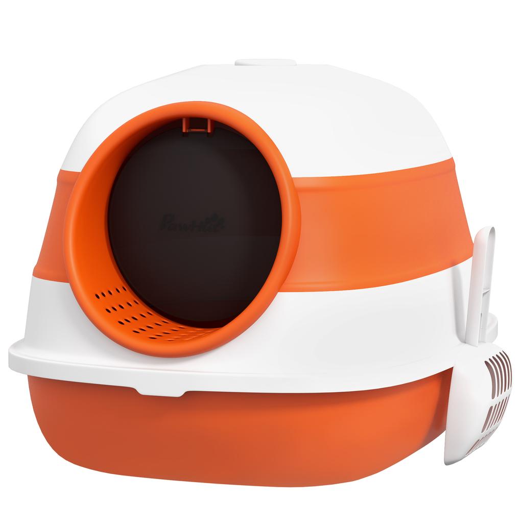 Foldable Cat Litter Tray with Lid, Deodorant, Scoop, Orange