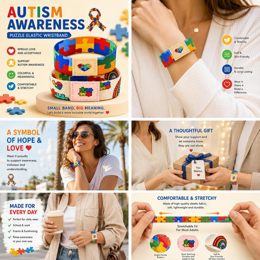 Autism Awareness Puzzle Bracelet, Colorful Elastic Wristband for Women Men, Waterproof Comfort Daily Charity Support Gift