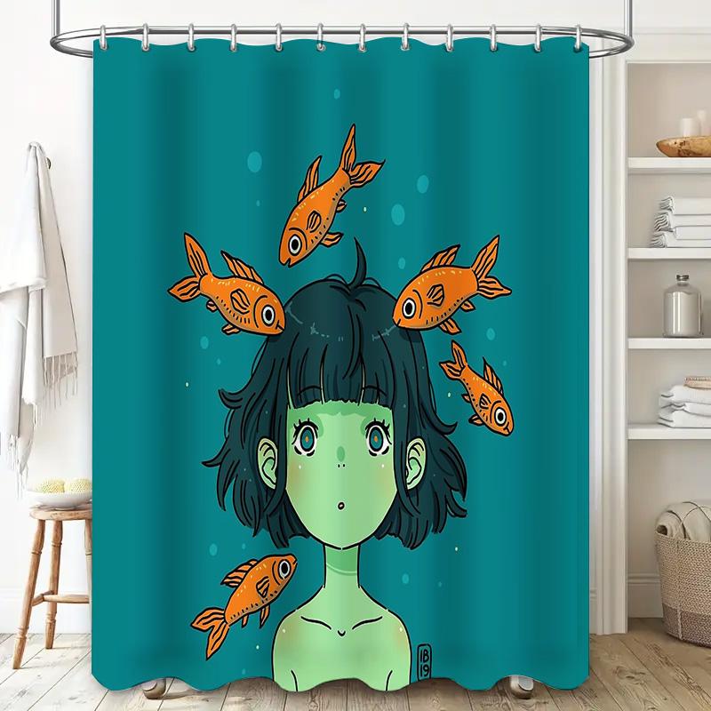 Anime Girl Shower Curtain Cute Manga Decor Japanese Kawaii Room Divider Backdrop Washroom Artistic Print Home Textile Gift