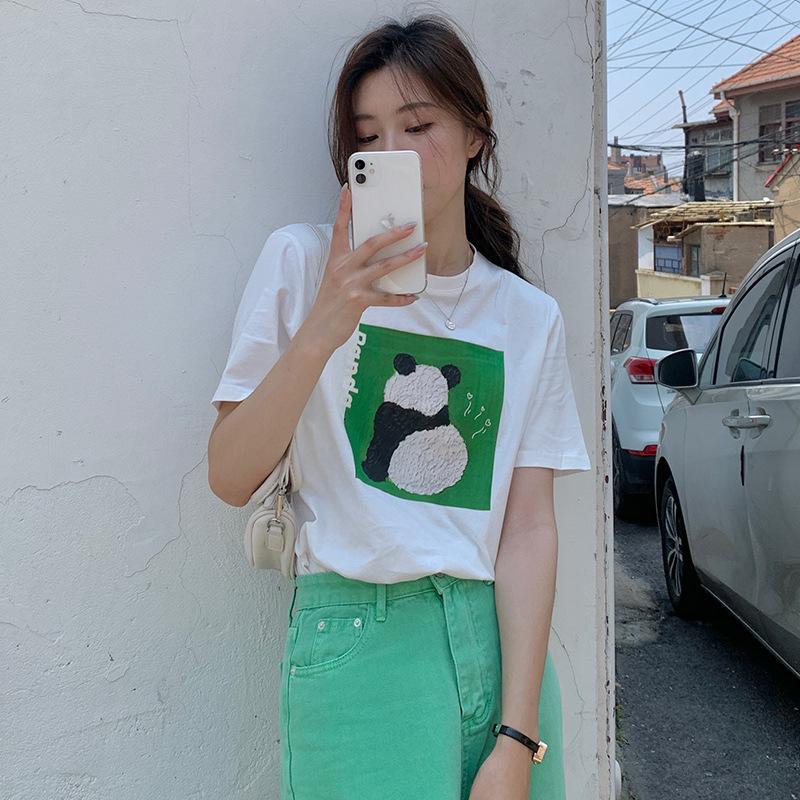 

Харадзюку мультяшная футболка с круглым вырезом и короткими рукавами, с принтом на переднем плече, лето 2025, свободная и тонкая, новая студенческая футболка S