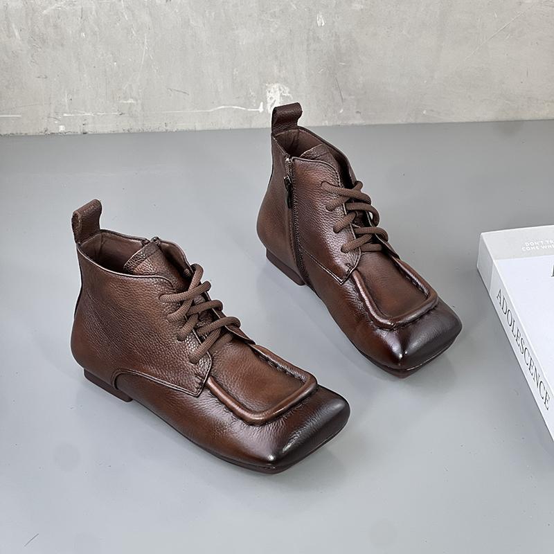 Early Autumn Retro Square-headed Boots Women's Short Tube Flat-bottomed Martin Boots 2025 Autumn New Versatile Soft-soled Mother Single Boots