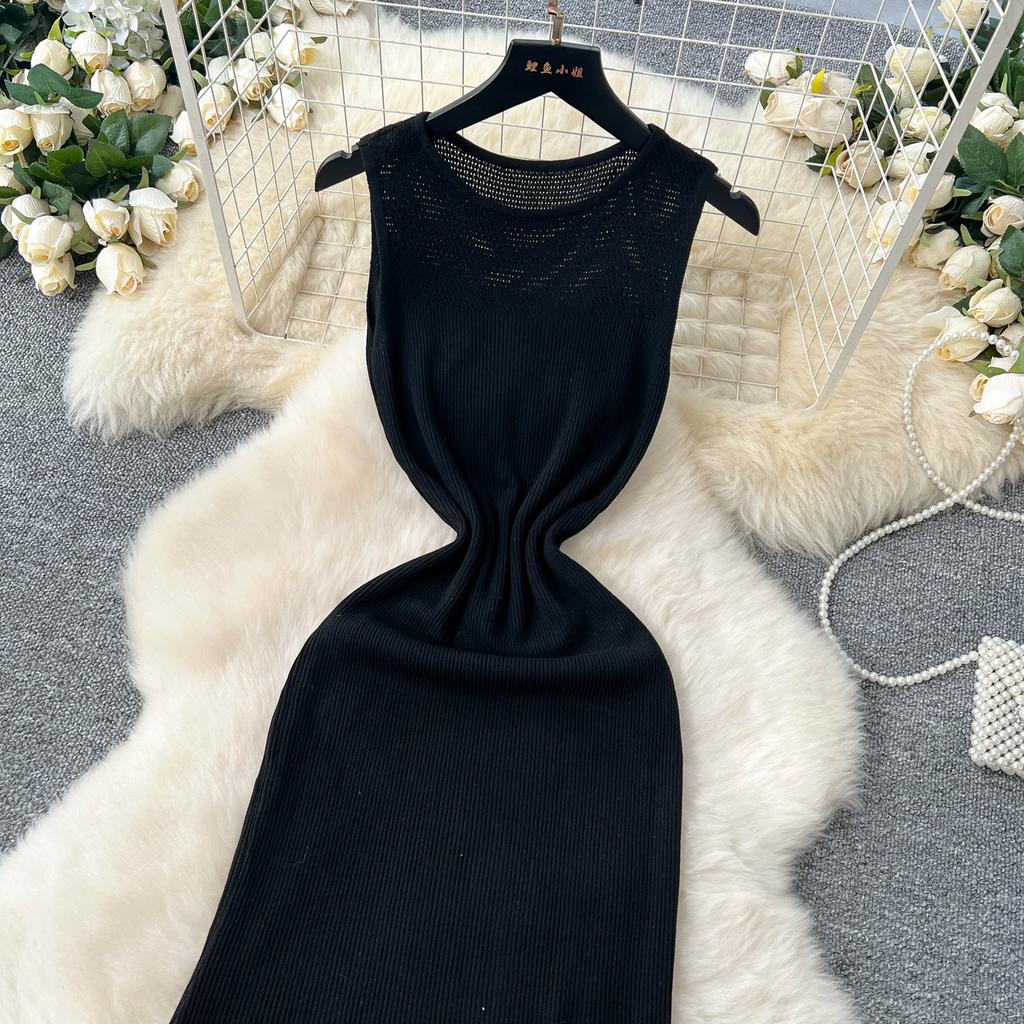 Summer Women Casual O-neck Sleeveless Hollow Out Knitted Sweater Slim Bodycon Fishtail Dresses