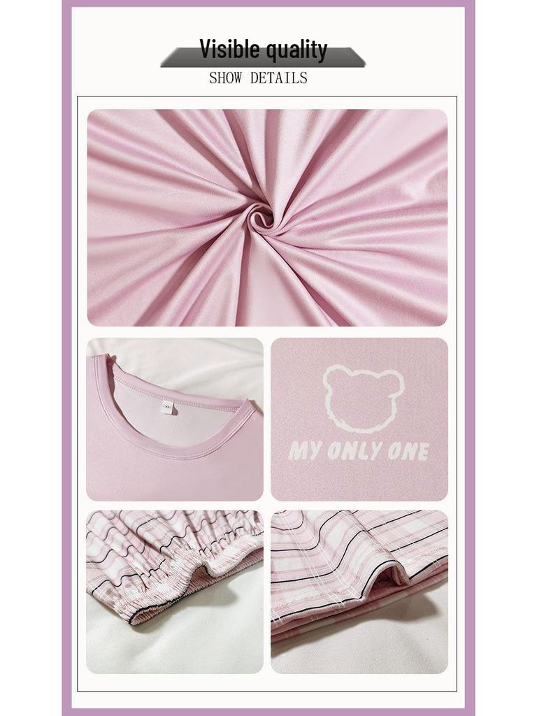 Women's Spring/Summer Cotton Pajama Set - Short Sleeve, Long Pants, Casual Plus Size, Sweet Style, Versatile for Outdoors and Home.