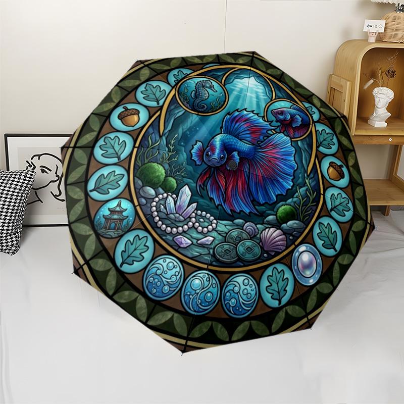 Underwater Fantasy Scene Pattern Umbrella, Portable and Foldable Design, 8 Ribs, a Casual Accessory for Halloween, Christmas, and Birthday Gifts.