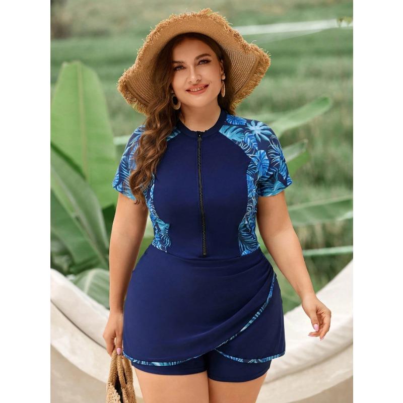 Women Plus Size Two Piece Short Sleeve Zipper Tankini Swimsuit