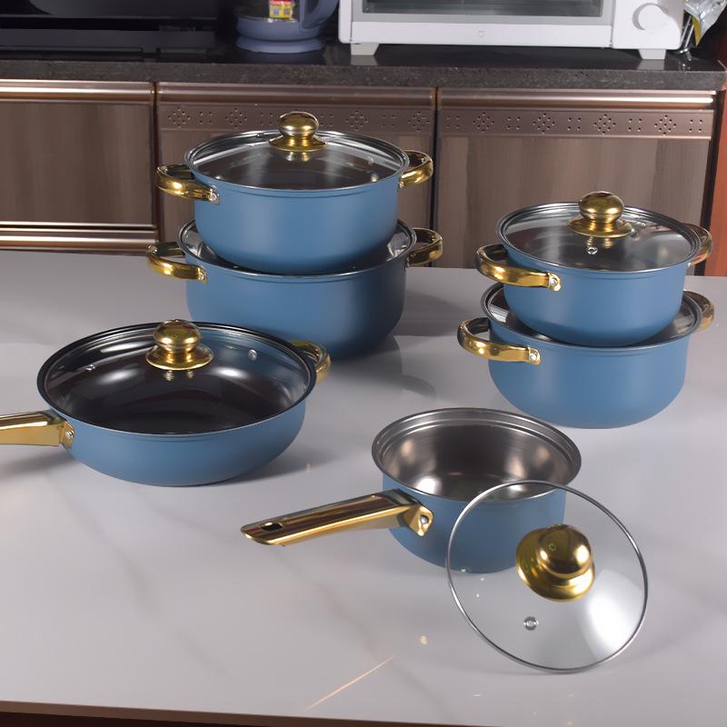 

Набор цветной посуды из нержавеющей стали с антипригарным покрытием, 12 предметов - Утолщенные, Многоцелевые кастрюли и сковороды для домашнего использования синий