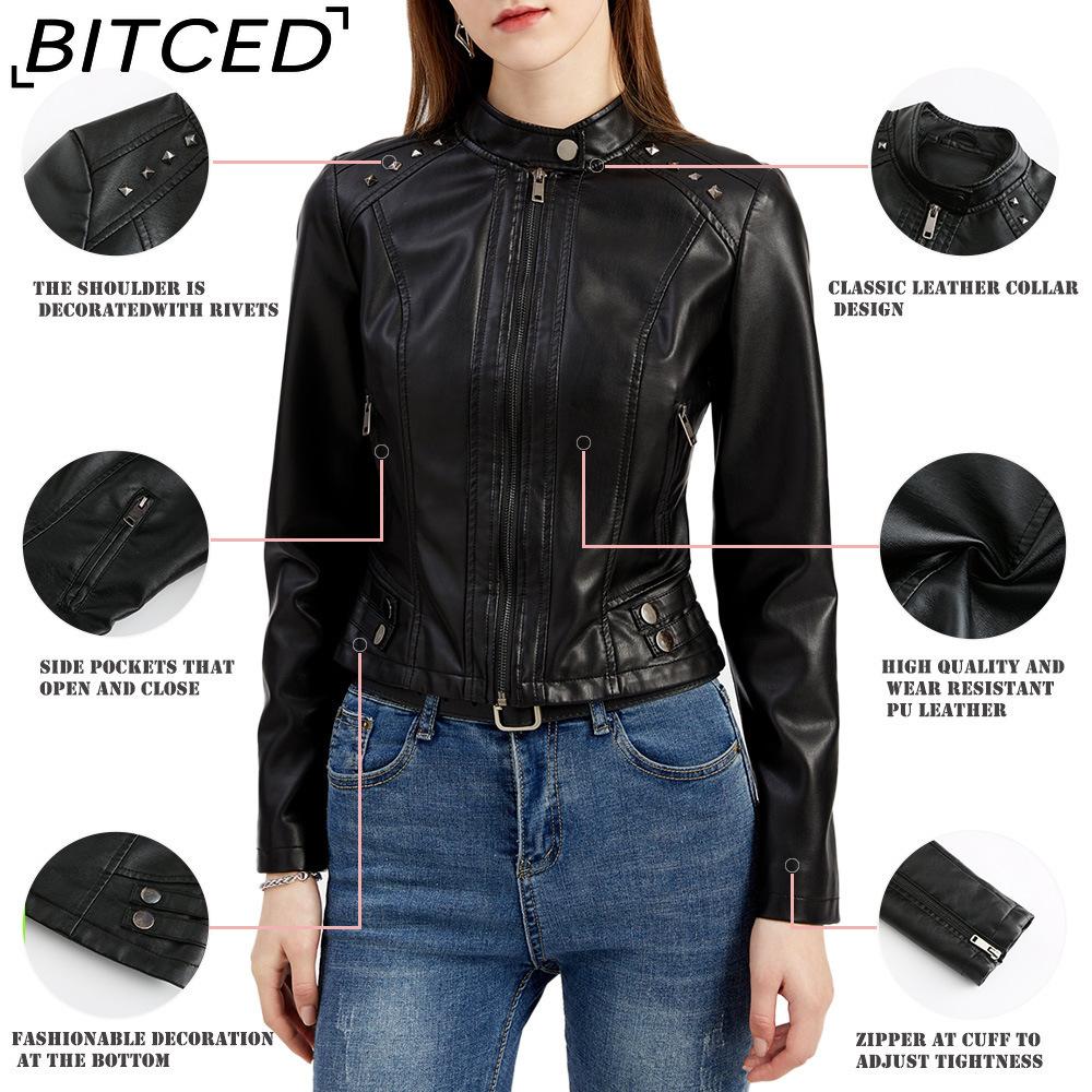BITCED Women's Studded Leather Jacket Spring/Autumn Long-Sleeved Stand-Collar Fashion Jacket