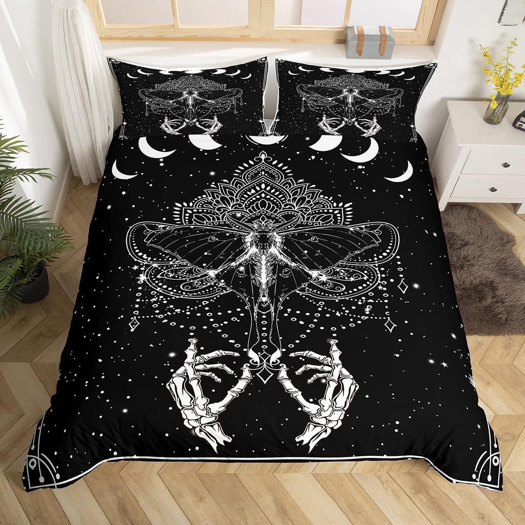 Death Moth Duvet Cover Set Skull Bedding Set Snake Mandala Moon Phase Comforter Cover Trippy Skeleton Quilt Cover Set Queen Size