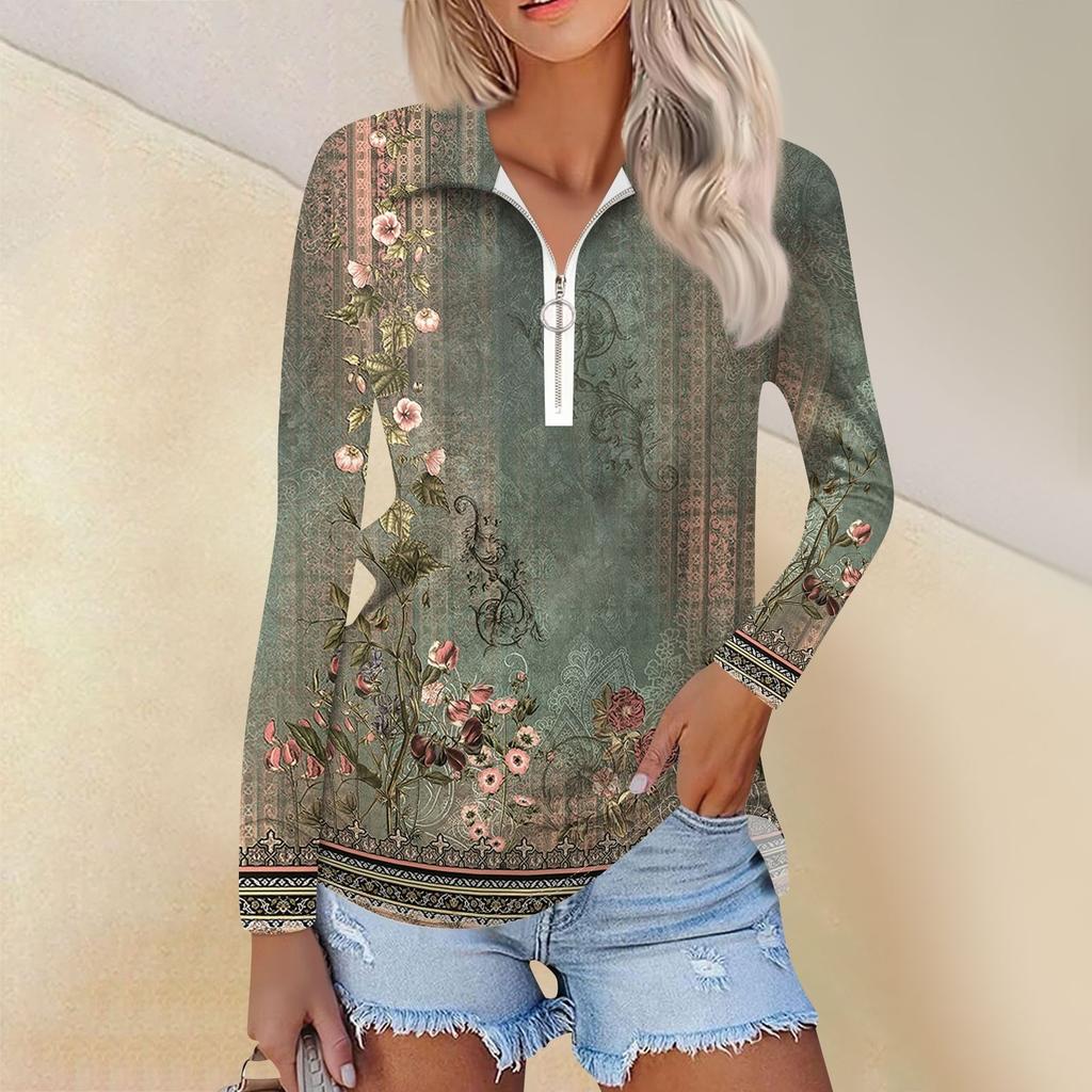 Damska Wiosenna I Modna Codzienna Koszula z Nadrukiem Zapinana na Zamek Dekolt w Serek Długi Rękaw