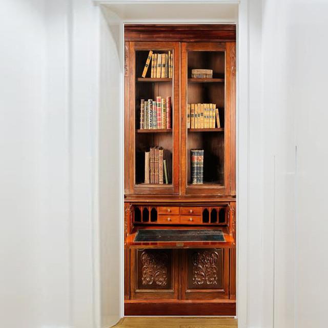 Retro Library Adhesive Door Wallpaper Waterproof Home Decor Living Room Mural Decal Sticker Wooden Cabinet Poster Wine