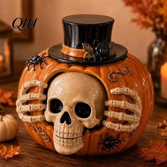 Unique Halloween Party Ornaments Skull Pumpkin Candy Jar with Top Hat Lid, Resin Decorative Interior Decorations Storage Container, Desktop Organizer