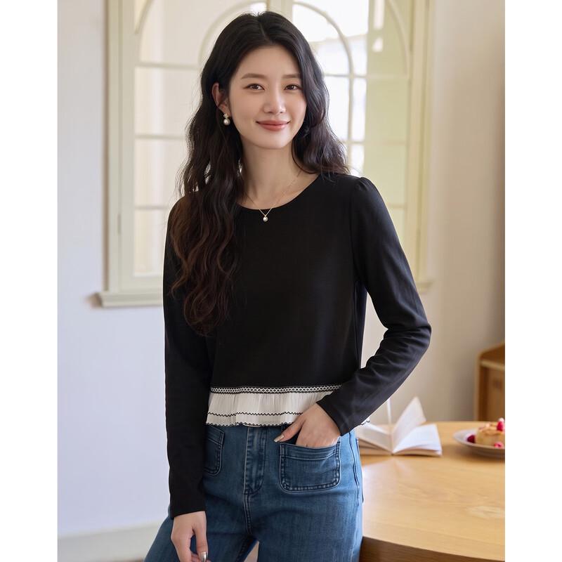 La Chapelle Women's Contrast Pleated Hem Long Sleeve T-Shirt
