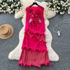 Autumn Winter Women Elegant 3D Flower Ruffles Miyake Fold Christmas Party Oversized Loose Lace-up Dresses