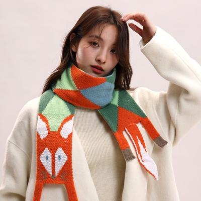 Všestranný pletený šátek v japonském stylu Zvířecí podzimní zimní kreslený liščí šátek Imitace kašmíru Trendy teplý šál