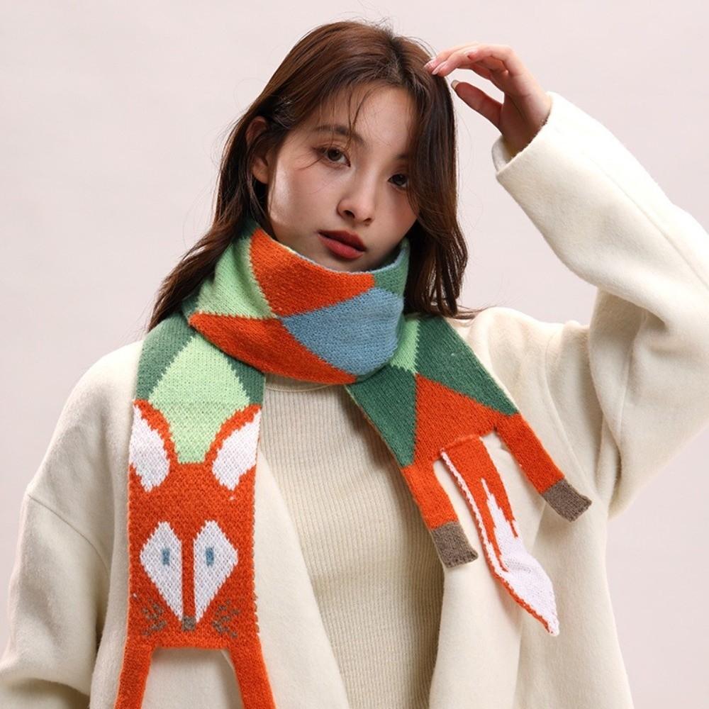 Versatile Japanese Style Knitted Scarf Animal Autumn Winter Cartoon Fox Scarf Imitation Cashmere Trendy Warm Shawl Wrap