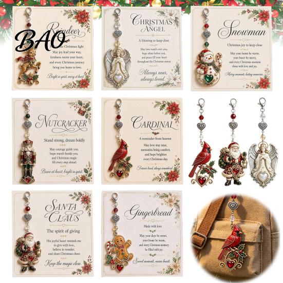 Stylish Key Holder for Women Christmas Keychain with Blessing Greeting Card, Vintage Metal Holiday Party Decoration Gift Charm Pendant, Bag Accessory,