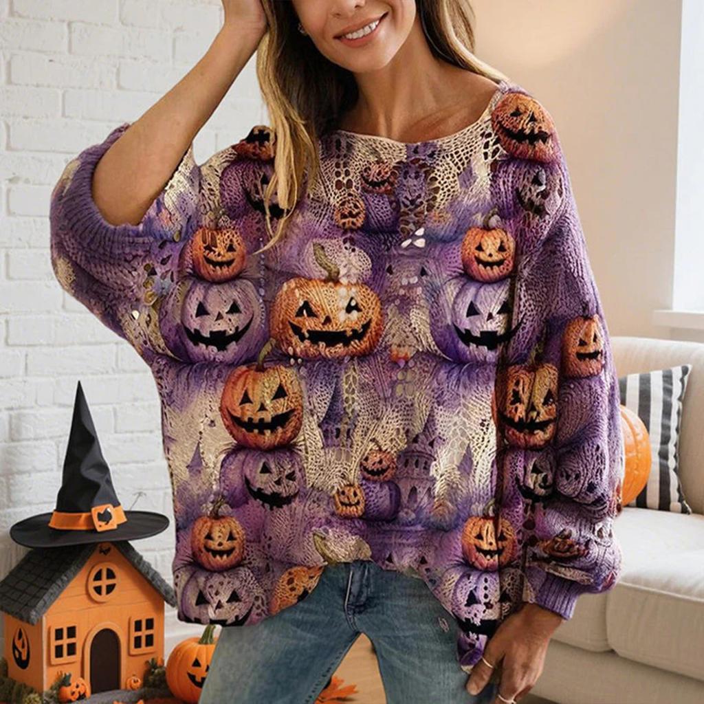 Halloween Crochet Pumpkin Sweater Women, Oversized Pumpkin Knit Pullover,Witch Hat Cozy Fall Sweater