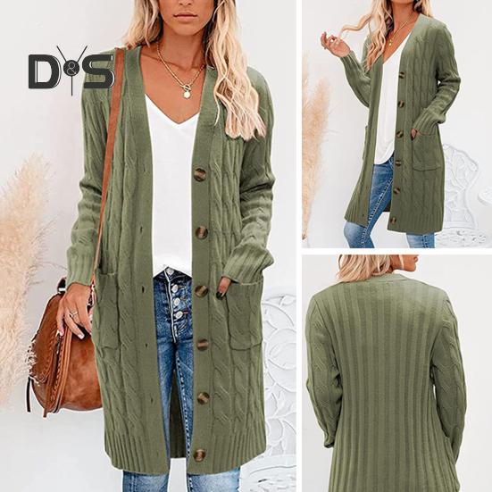 Women Sweater Cardigan V-neck Long Sleeve Twist Texture Knitting Tops with Pockets Solid Color Button-Up Knitting Jacket