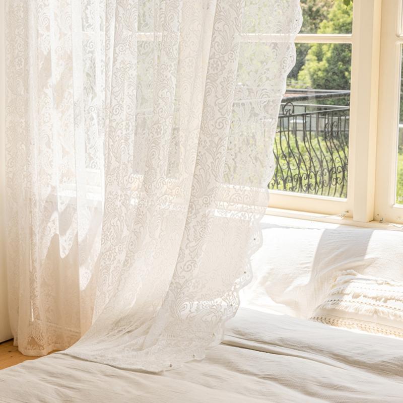 Romantic French Curtain Lace Curtain Finished American Pastoral Vintage Pearl White Tulle Fabric Room Bedroom Punch Hook Yarn
