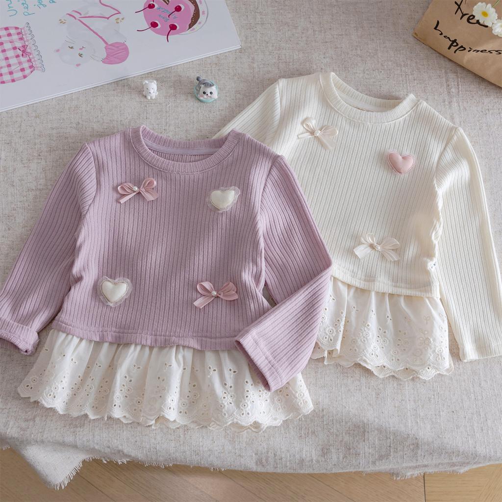 Girls Long Sleeve T Shirt Spring Autumn Sweet Lace Trim Bowknot Top Kids Casual Inner Wear Base Layer Blouse