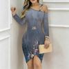 Women Plus Size One Shoulder Off Shoulder Dusty Blue City Floral Print Irregular Hem Bodycon Midi Dress