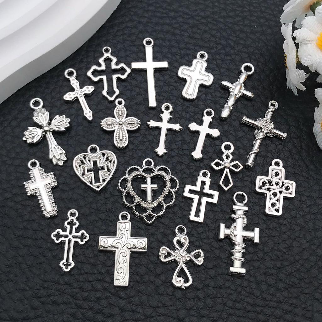 Cross-Border Hot Sale Bright Silver Cross Pendant Handmade DIY Keychain Necklace Alloy Jewelry Accessories Batch
