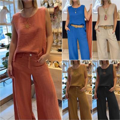 Trajes de lino y algodón para mujer, camiseta sin mangas con cuello redondo, pantalones de pierna ancha, conjuntos de dos piezas, trajes holgados informales a la moda para mujer