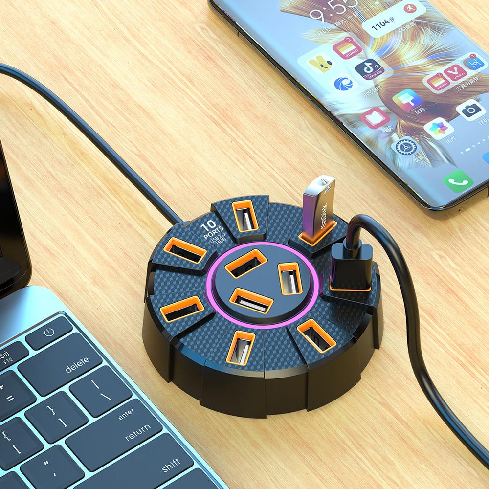 1.2m 10 Ports HUB 7 Colors RGB Backlight USB2.0 Cable Splitter 1 in 10 out Mouse Keyobard Printer Extend Adapter Dock