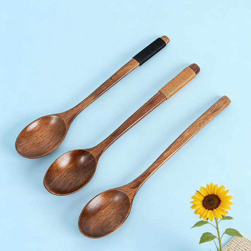 Long-Handled Wooden Spoon Set: Coffee, Honey, Milk Tea Stirrer & Soup Ladle