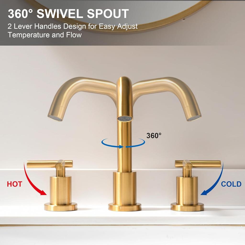 Brushed Gold Bathroom Faucet for Sink 3 Hole, 8 inch Widespread Bathroom Faucet | Brass Gold Vanity Faucet with 360° Swivel Spout 2 Handle Gold