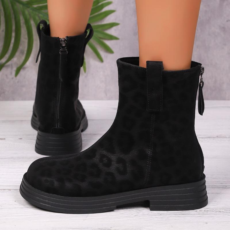 Fashion Leopard Print New Round Toe Square Heel Versatile Classic Women's Mid-leg Boots