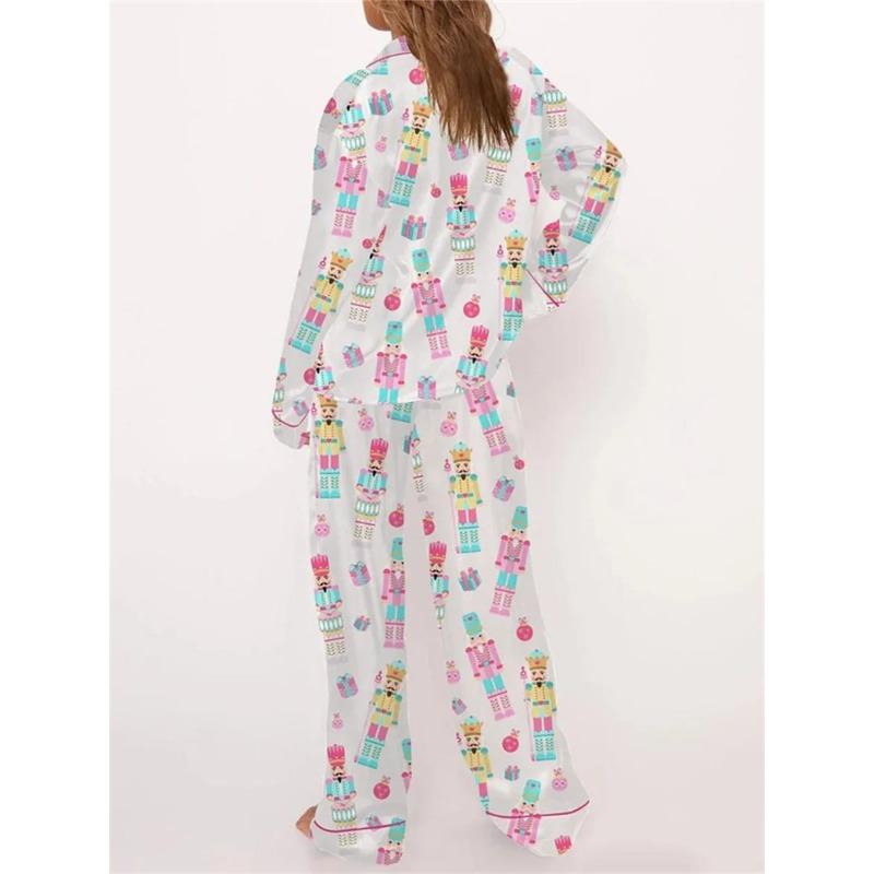 Womens Silk Satin Pajama Set Y2k Christmas Nutcracker Long Sleeve Shirt Tops and Wide Leg Pants Sleepwear