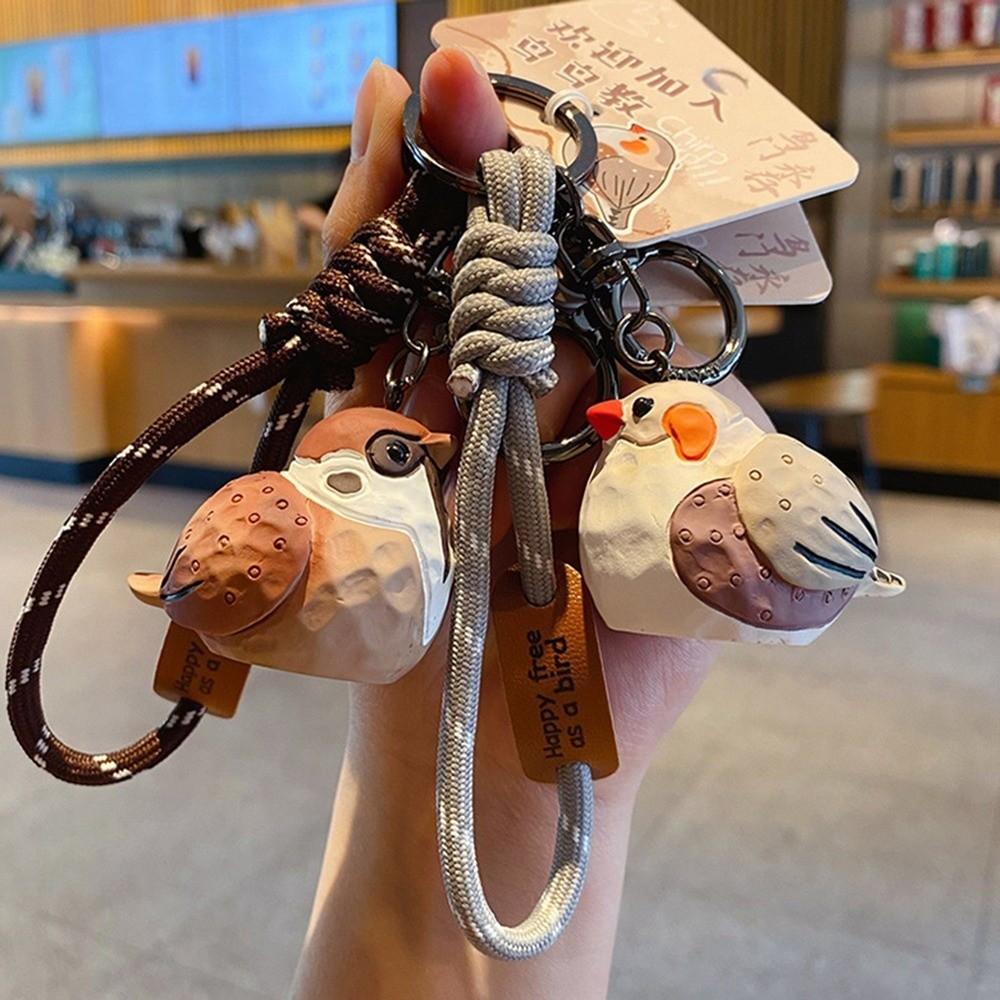 Kawaii Imitation Wood Carving Keychain Cartoon Pearl Bird Keychain Animal Key Ring  Kids