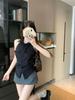 Korean black sleeveless striped shirt women's summer design halter waist lace-up shirt short Spice Girl top
