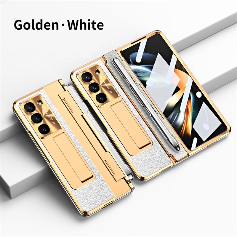 Full Protection Hinge Case for Samsung Galaxy Z Fold8 Ultra / 7 6 5 4 3 Plating PC+Leather Tempered Film Folding Kickstand Cover